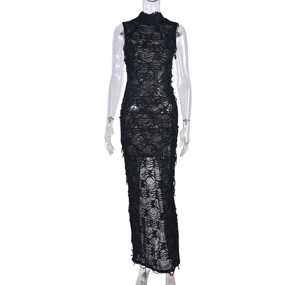 Distressed Mock Neck Sleeveless Ladder Knit Bodycon Maxi Dress