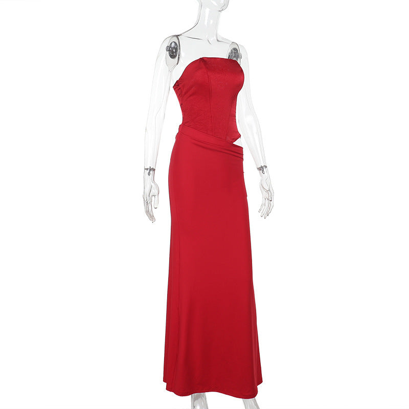 Strapless Corset Bodice Draped Column Maxi Gown Two-Piece Look