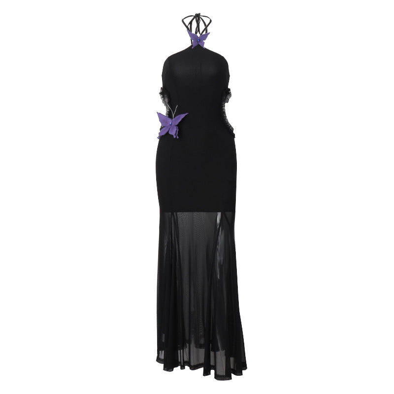 Butterfly Applique Halter Neck Mesh Side Cutout Mermaid Maxi Dress