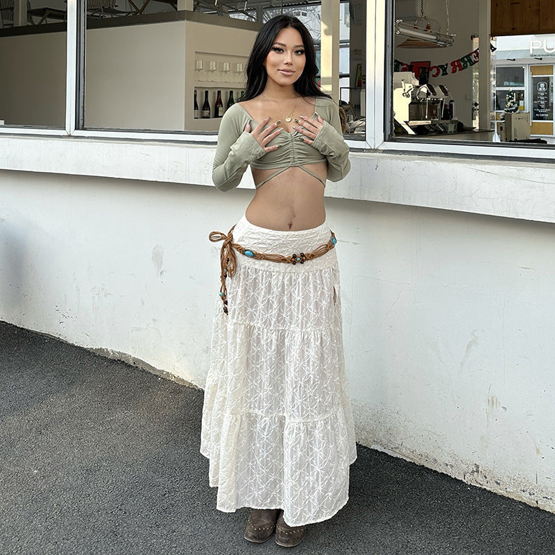Smocked High Waist High Slit Textured Quilted A-Line Maxi Skirt