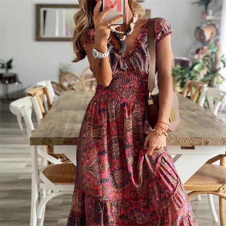 V Neck Smocked Puff Sleeve Paisley Tiered Maxi Dress