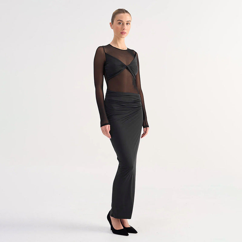 Sheer Mesh Twist Knot Bodice Ruched Waist Long Sleeve Maxi Dress