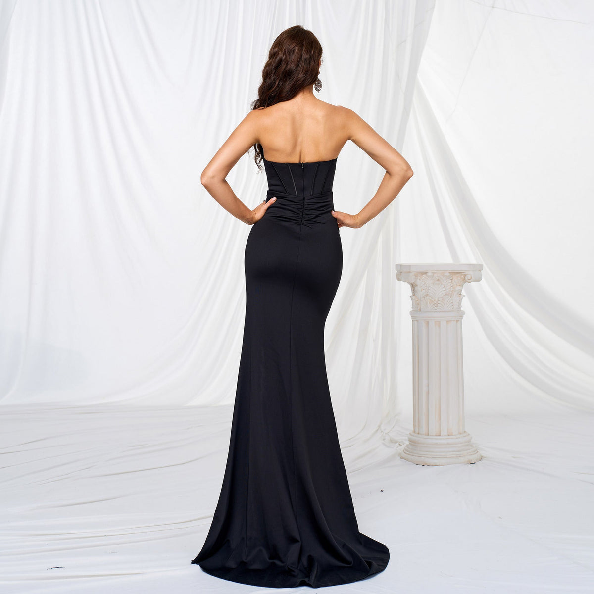 Strapless Sweetheart Mesh Panel Ruched Wrap Thigh Slit Column Maxi Gown