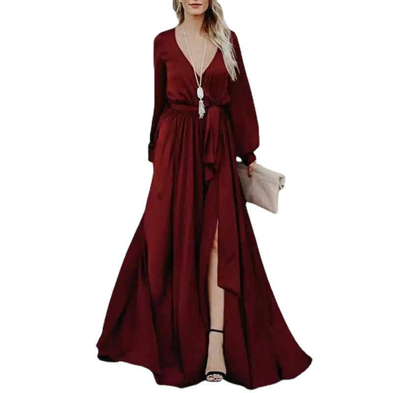 Deep V Neck Bishop Sleeve Tie Waist Wrap Side Slit Maxi Dress