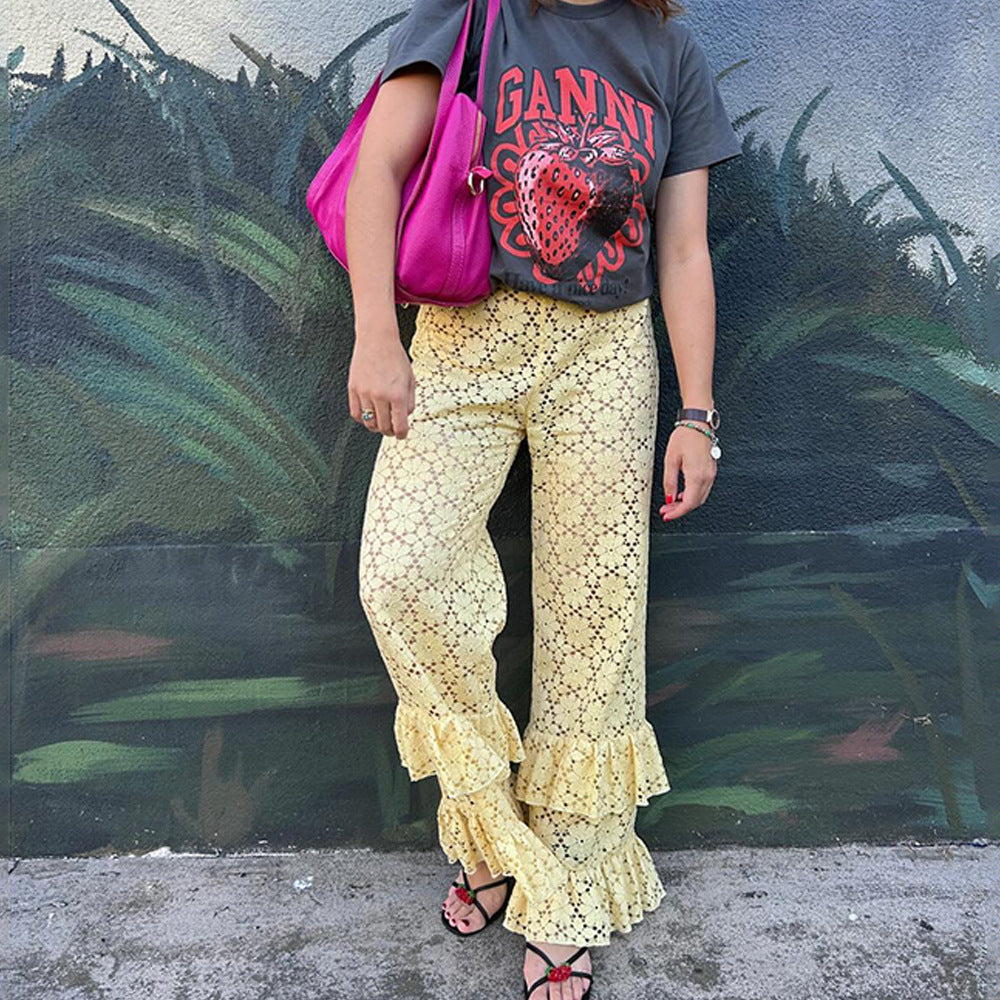 autumn and winter fashion sexy lace see-through trousers new style spliced ruffled versatile straight pants