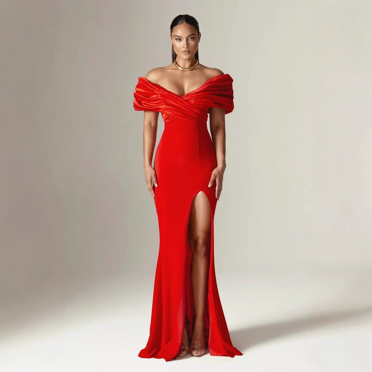 Off Shoulder Ruched Slit Satin Maxi Prom Dress