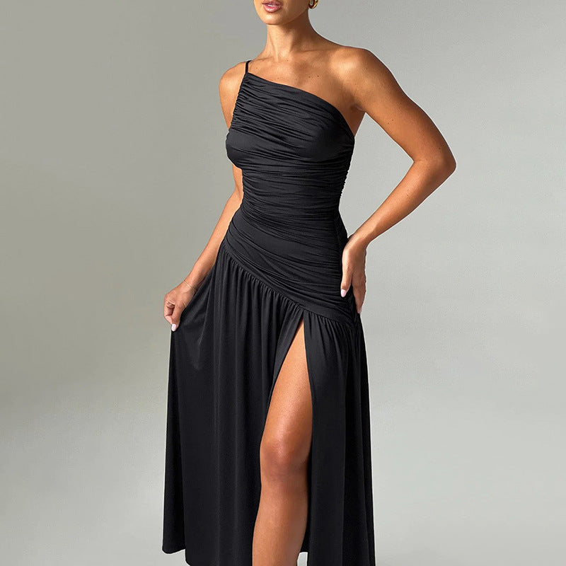 One Shoulder Ruched Horizontal Gather High Slit Floor Length Maxi Dress