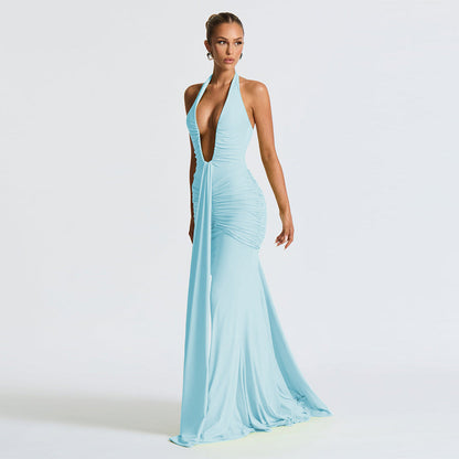 Halter Deep V Ruched Hip Gather Front Panel Drape Maxi Gown