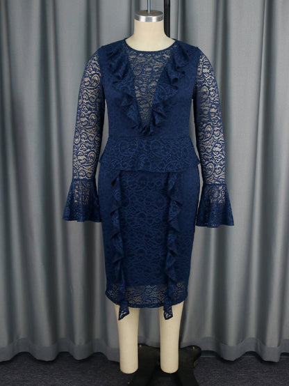 Floral Lace Bell Sleeve Peplum Top Pencil Skirt Two-Piece Set