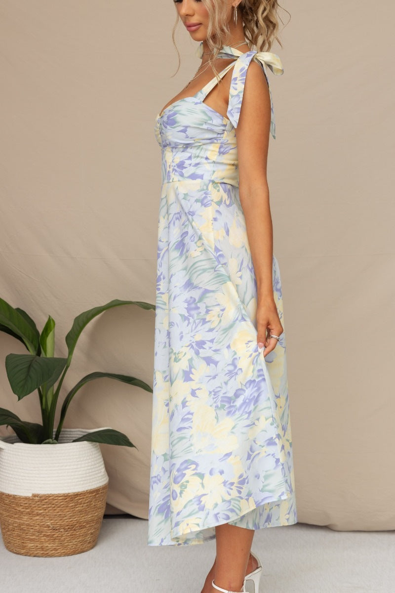 Blue Tie Strap Fit and Flare Floral Print Midi Dress
