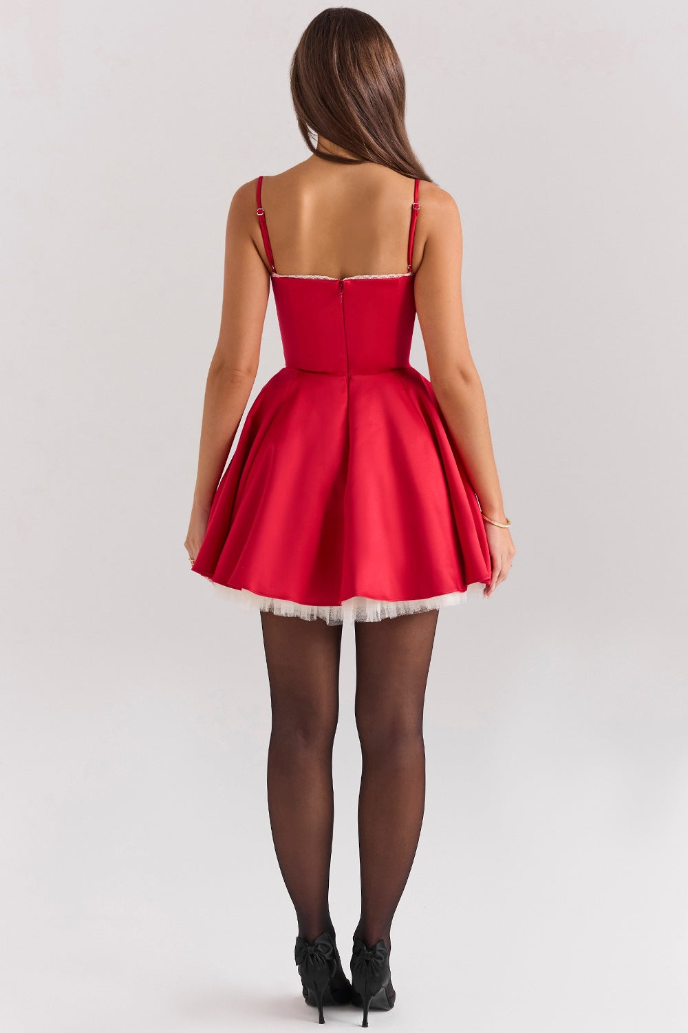 Sweetheart Lace Trim Tulle Overlay Satin Mini Dress