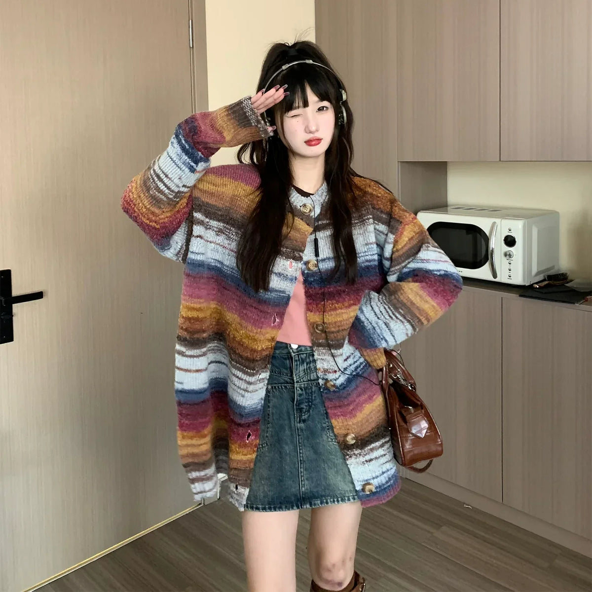 Oversized Fuzzy Striped Button-Up Cardigan