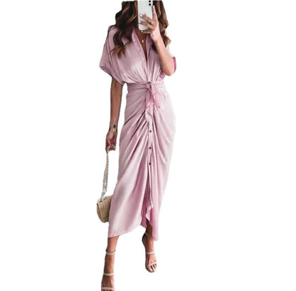 Collared V-Neck Tie Front Button Front Draped Satin Midi Dress