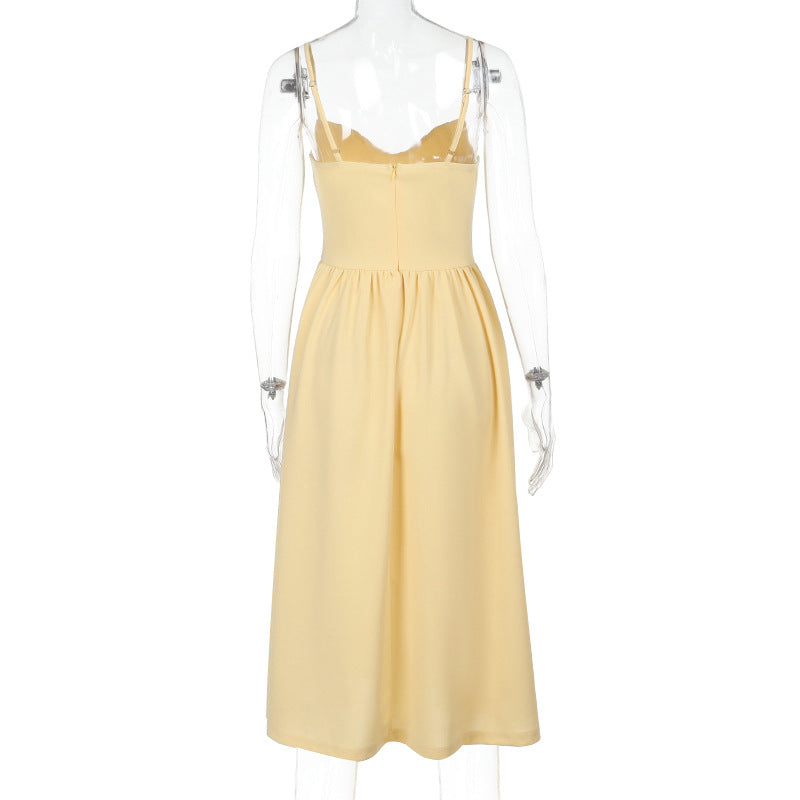 Spaghetti Strap Corset Bodice Flared Pleated Skirt Pocket Midi Dress