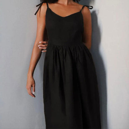 Linen Deep V-Neck Spaghetti Strap Backless Pleated Waist Maxi Dress
