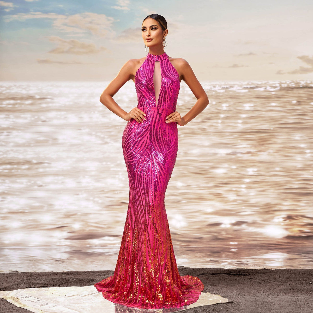 Halter Keyhole Plunge Sequin Wave Stripe Mermaid Floor Length Gown