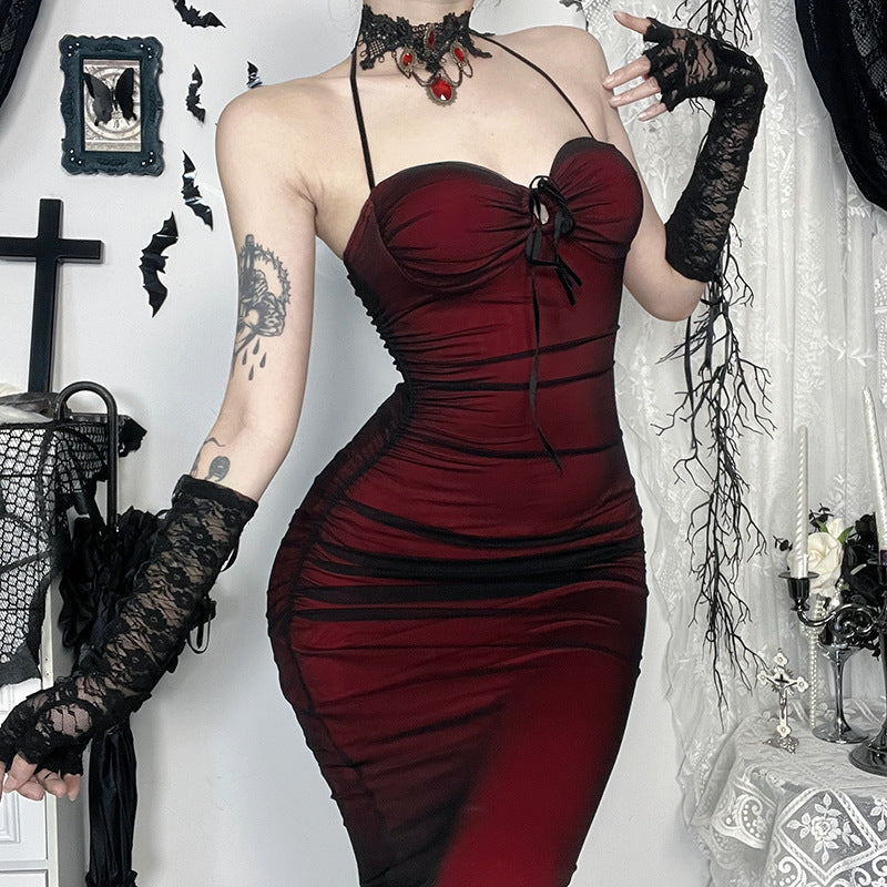 Contrast Mesh Sweetheart Lace Up Halter Ruched Bodycon Maxi Dress