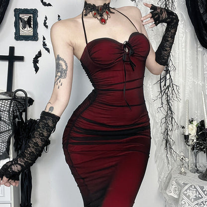 Contrast Mesh Sweetheart Lace Up Halter Ruched Bodycon Maxi Dress