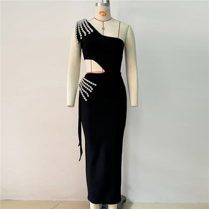 One Shoulder Waist Cutout Rhinestone Sunburst Sash Ankle-Length Gown