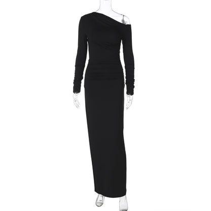 Asymmetric Off Shoulder Ruched Gathered Long Sleeve Bodycon Maxi Dress