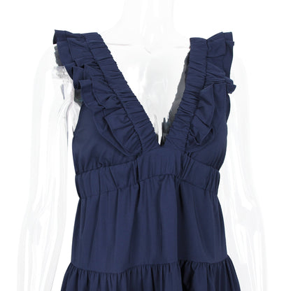 Deep V Ruffle Shoulder Shirred Waist Tiered Mini Dress