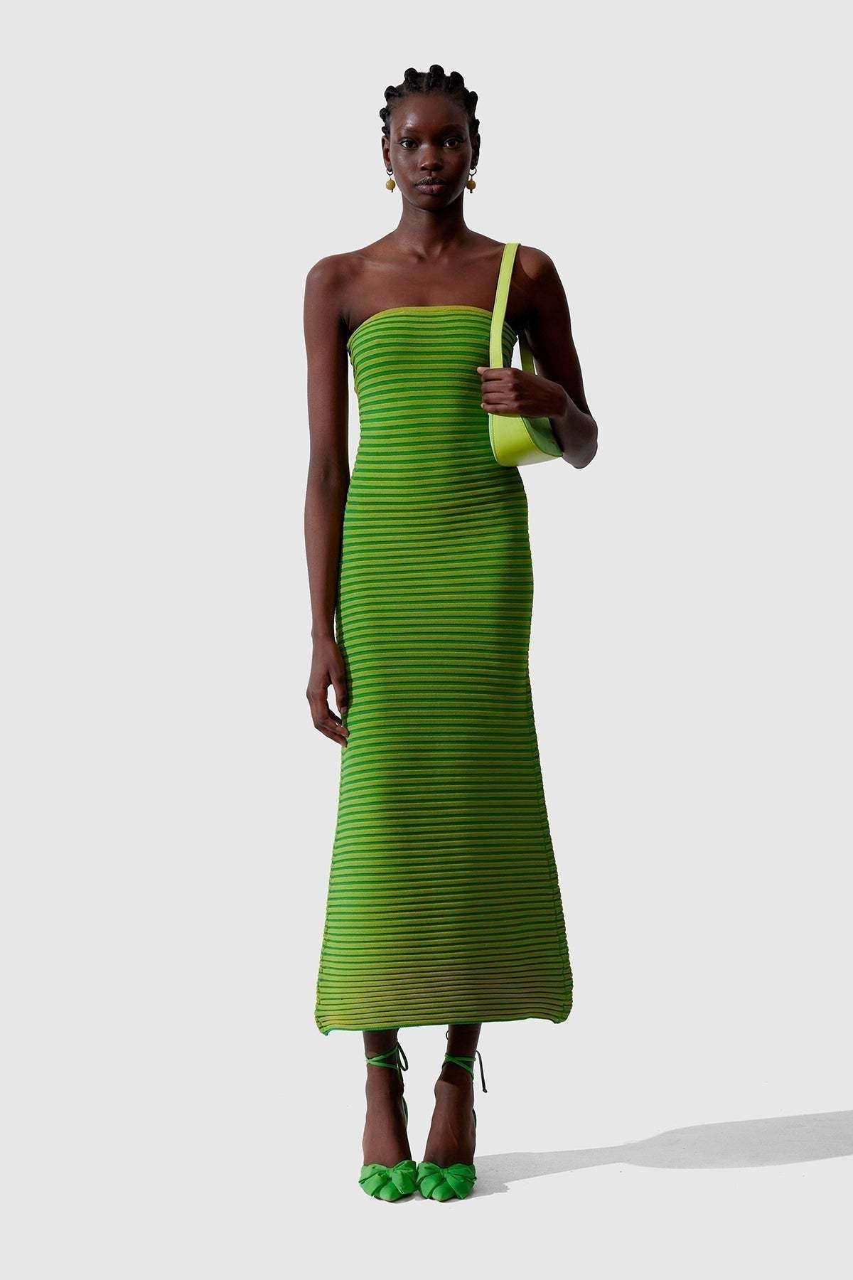 Striped Knit Strapless Bandeau Bodycon Maxi Dress