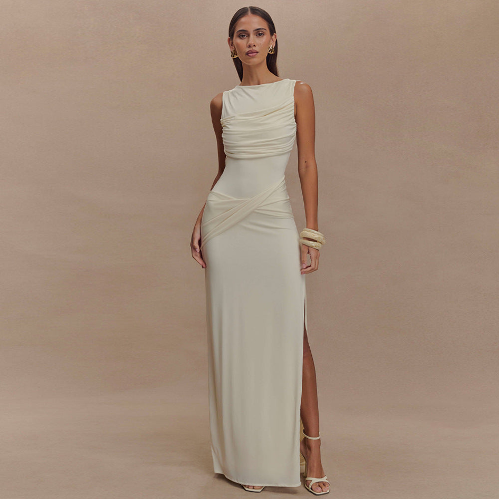Boat Neck Ruched Bodice Twisted Drape Column Maxi Gown