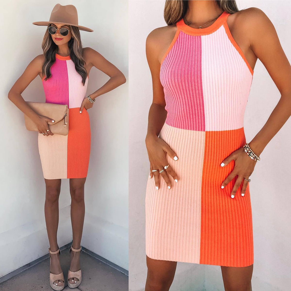 Halter Neck Rib Knit Color Block Sleeveless Bodycon Mini Dress