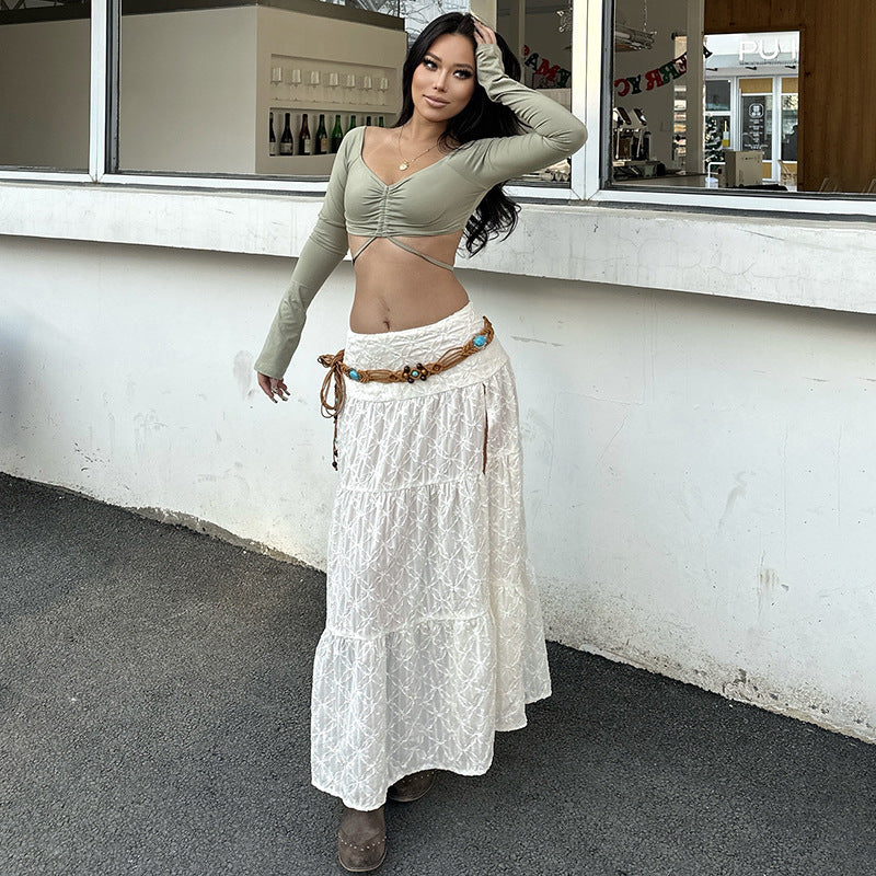 Smocked High Waist High Slit Textured Quilted A-Line Maxi Skirt