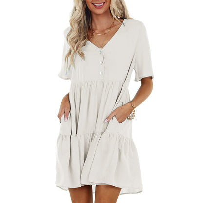 V Neck Button Front Tiered Pocket Babydoll Mini Dress