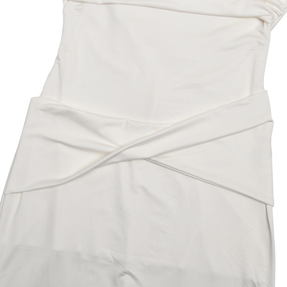 Boat Neck Ruched Bodice Twisted Drape Column Maxi Gown