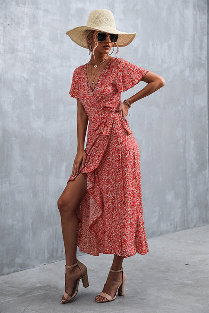 Deep V Neck Flutter Sleeve Wrap Tie Ditsy Floral High Low Midi Dress