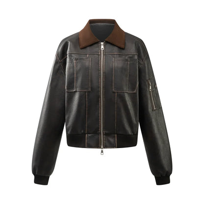 PU Leather Jacket with Lamb Wool Collar