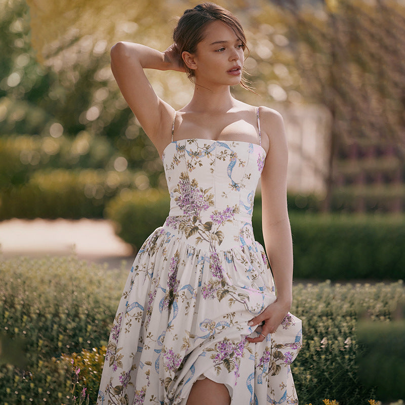 Square Neck Corset Ribbon Floral Gathered A-Line Midi Dress
