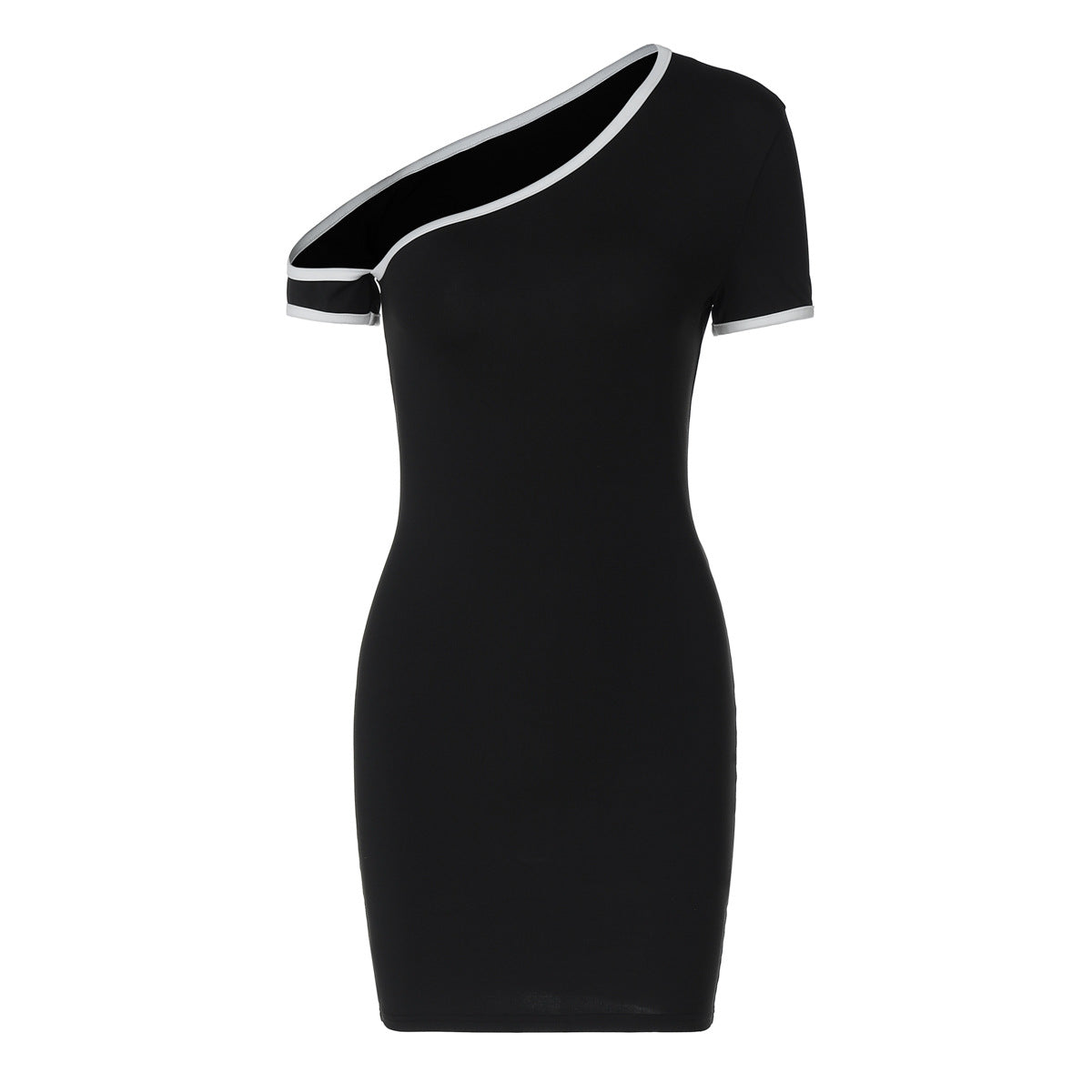 Asymmetric Cold-Shoulder Contrast Piping Short Sleeve Bodycon Mini Dress