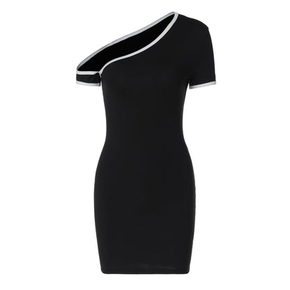 Asymmetric Cold-Shoulder Contrast Piping Short Sleeve Bodycon Mini Dress
