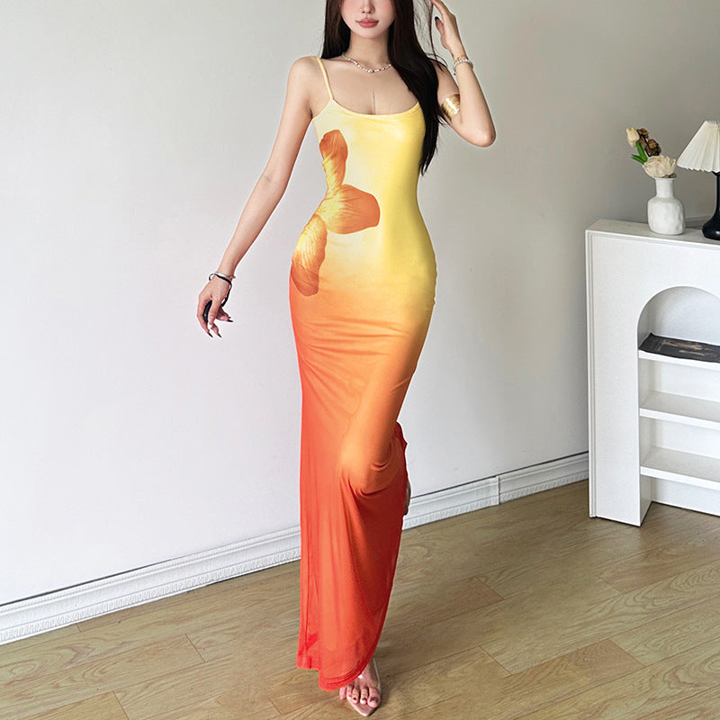 Ombre Print Square Neck Contrast Trim Backless Cami Midi Dress