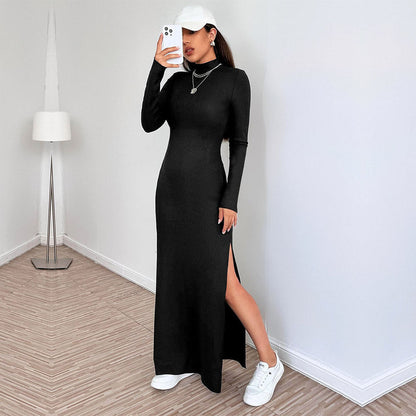 Mock Neck Chain Back Open Back High Slit Bodycon Maxi Dress