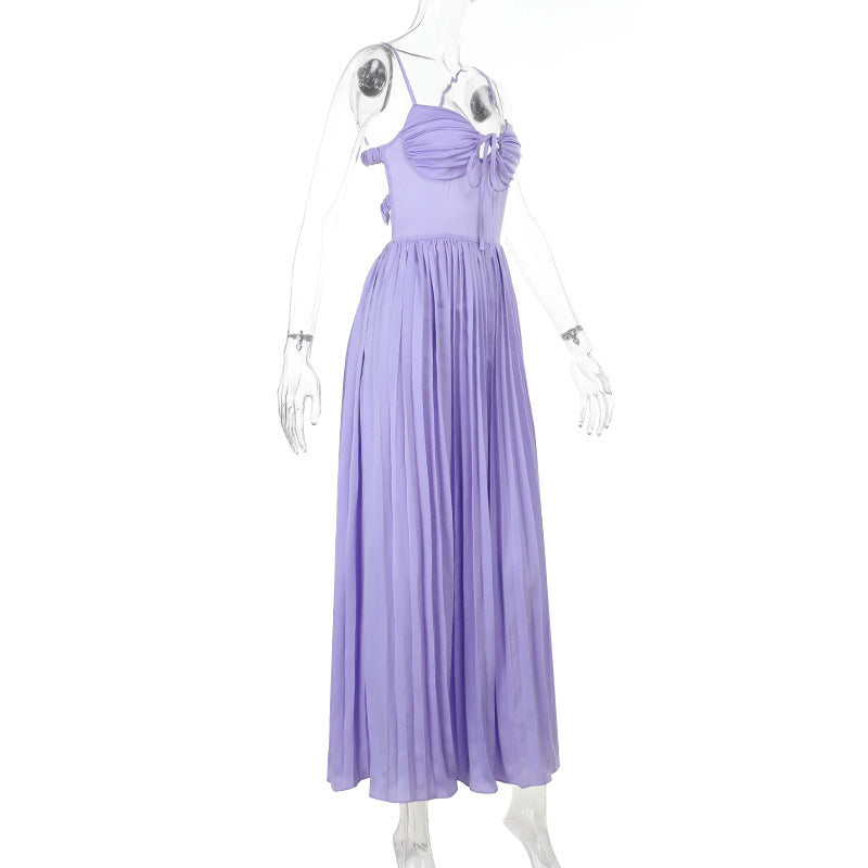 Sweetheart Keyhole Tie Spaghetti Strap Accordion Pleat Maxi Dress
