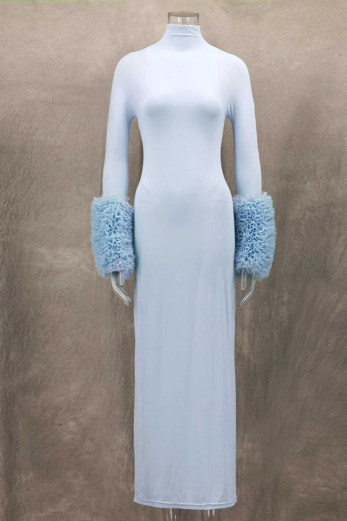 Mock Neck Ribbed Knit Oversized Ruffle Cuff Column Maxi Gown