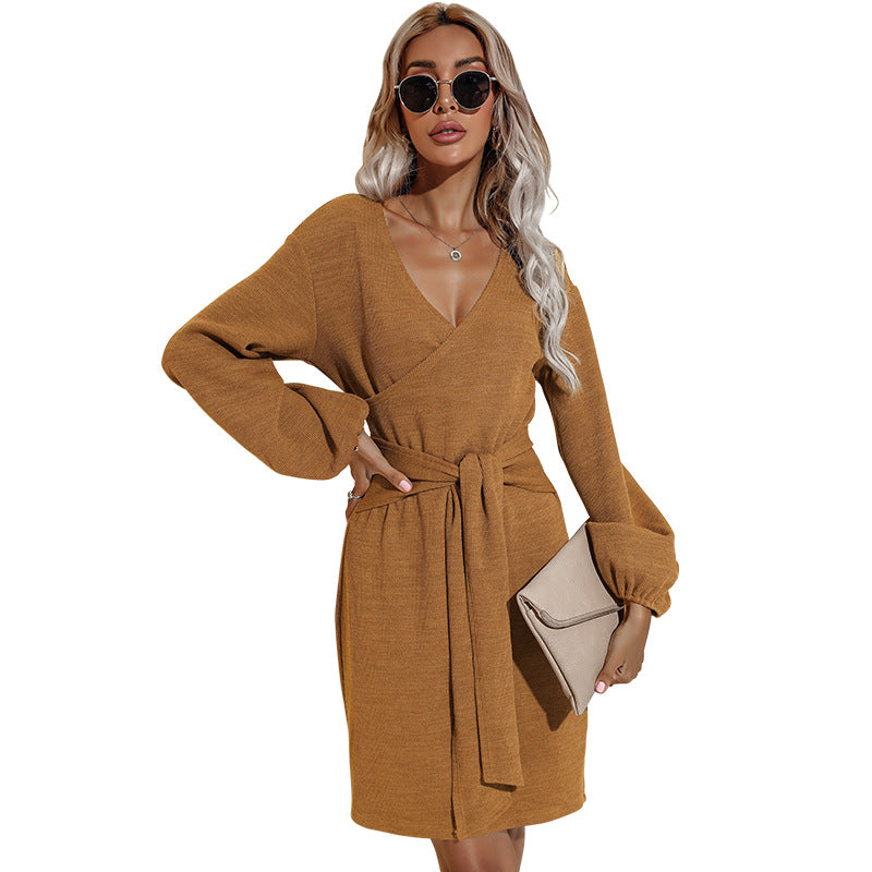 V Neck Wrap Front Lantern Sleeve Knit Mini Dress With Self Tie Belt