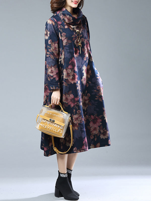 Square Neck Puff Sleeve Floral Print Fit and Flare Midi Dress