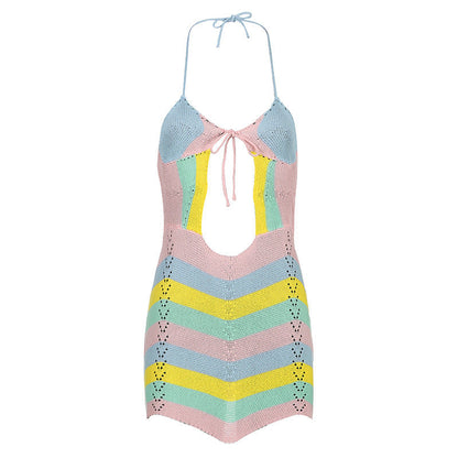 Knit Crochet Halter Neck Keyhole Cut Out Striped Bodycon Mini Dress