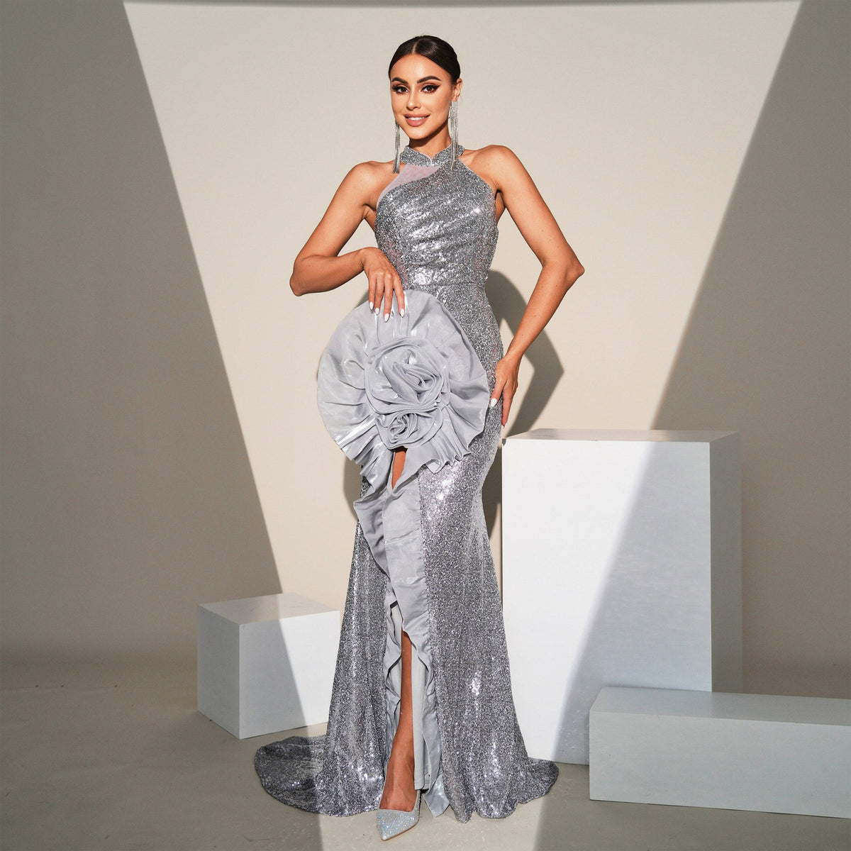 Mock Neck Rosette Applique Ruffle Trim Sequin Thigh Slit Floor Length Gown