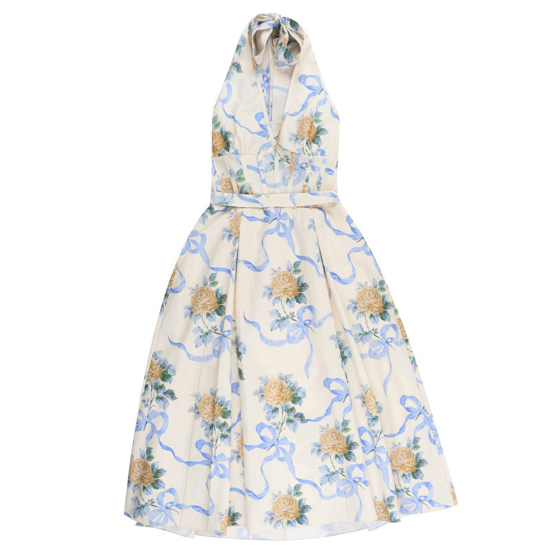 Halter Corset Ribbon Print Belted A-Line Midi Dress