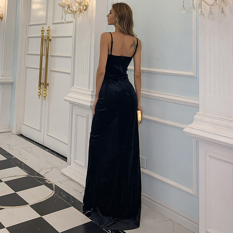 Ruched Strap Sleeveless High Slit Velvet Maxi Dress