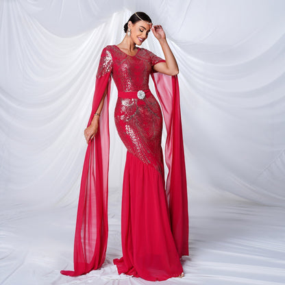 Sequin Feather Motif Belt Cape Sleeve Mermaid Maxi Gown