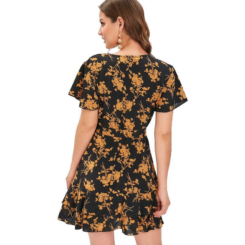 Deep V-Neck Flutter Sleeve Belted Ruffle Layer Floral Print Mini Dress