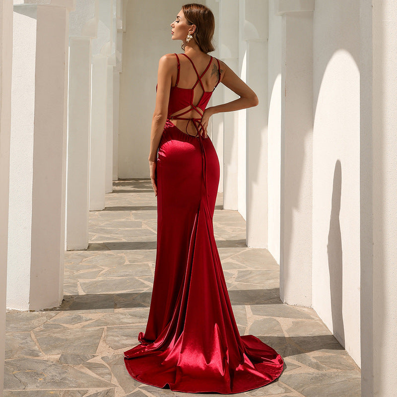 Plunging V Neck Spaghetti Strap Mermaid Flare Floor Length Gown