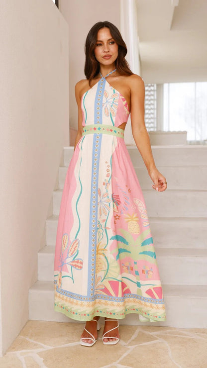 Halter Neck Tropical Print Waist Cutout Panel Maxi Dress
